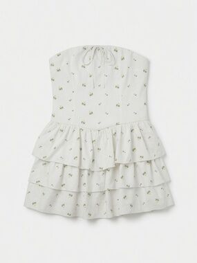 Strapless Tiered Mini Dress in Light Cream with Green Floral